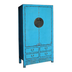Chinese Distressed Aqua Blue Tall Wedding Armoire Wardrobe TV Cabinet - Armoires And Wardrobes