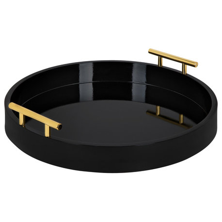 Lipton Round Decorative Tray with Metal Handles, Black/Gold 15.5" Diameter