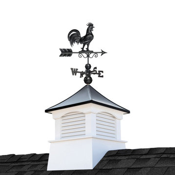 26" Square Coventry Vinyl Cupola Black Aluminum Rooster Weathervane and Roof