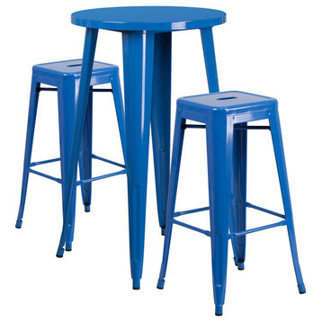 3-Piece 24" Round Metal Bar Table Set, Blue
