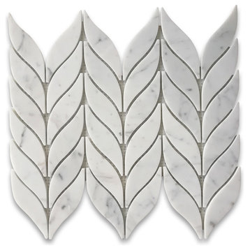 Feather Mosaic Tile Carrara White Carrera Venato Marble Grand Leaf, 1 sheet
