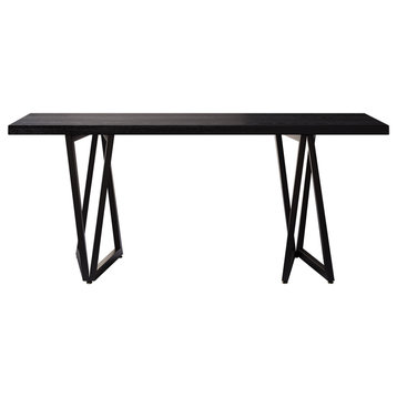 63" Rectangular Dining Table Black Solid Wood Table Top Square Metal Base, Black