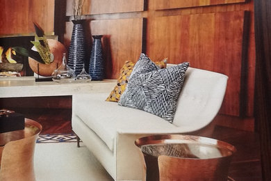 Living room - mid-sized transitional open concept and formal medium tone wood floor living room idea in Phoenix with white walls and no tv