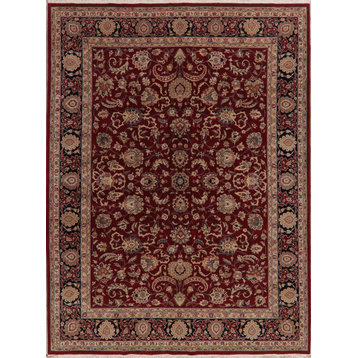 Aubusson All-Over Oriental Asian Bordered Hand-Knotted Area Rug, Red, 11'3"X8'6"
