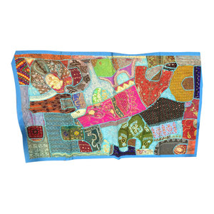 Mogul Interior - Consigned Blue Bohemian Wall Hanging Embriodrerd Sari Patch Tapestry - Tapestries