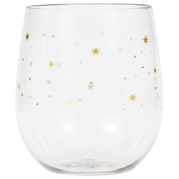 Plastic Stemless Wine Glass, Gold Stars, 6/1-Count