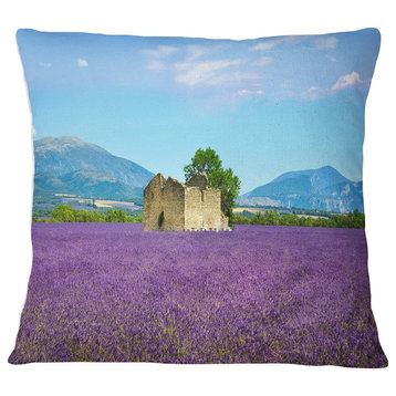 Old House and Tree in Lavender Field Landscape Wall Throw Pillow, 18"x18"