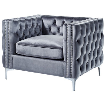 Jeannie Velvet 3-Seat Sofa Button Tufted with Metal Legs, Grey