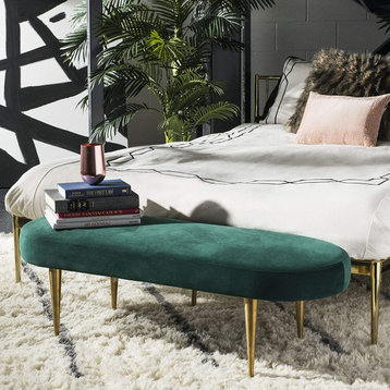 Modern Upholstered Bench, Golden Legs & Velvet Seat With Oval Shape, Emerald