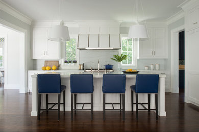 Mid-sized transitional l-shaped dark wood floor and brown floor open concept kitchen photo in New York with shaker cabinets, white cabinets, white backsplash, stainless steel appliances, an island, white countertops, a farmhouse sink, marble countertops and stone slab backsplash