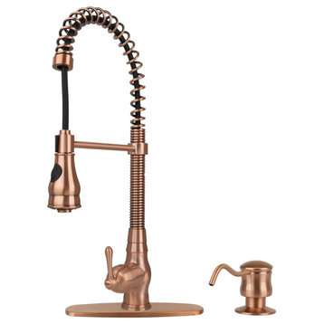 Copper Pull Down Kitchen Faucet With Soap Dispenser and Deck Plate, All in One