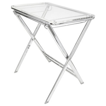 LeisureMod Victorian Acrylic Foldable Accent Chairside End Tray Table, Clear