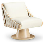 Meridian Furniture - Millwin Upholstered Swivel Accent Chair, Cream, Vegan Leather, Natural Finish - Revitalize your space with the Millwin cream vegan leather swivel accent chair, featuring a sleek vegan leather upholstery that marries modern elegance with eco-friendly craftsmanship in a unique art deco manner. This stylish chair offers smooth 360-degree swivel functionality on a natural wood frame and base, making it a versatile choice. Its contemporary design and plush cushioning provide both comfort and visual appeal, adding a sophisticated touch to any setting.