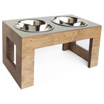 NMN Designs - Indus Dog Diner, Natural - Beautifully constructed hardwood dog diner with modern, brushed finish stainless steel top. This is a stunning dog diner available in two finishes - natural or walnut. Both wood and stainless top are made in USA.