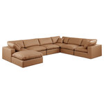 Meridian Furniture - Comfy Upholstered U-Shaped Modular Sectional, Cognac, 7-Piece: 3 Armless Chair, 3 Corner Chair, 1 Ottoman, Vegan Leather - Give your space a whole new look with this cognac Comfy vegan leather sectional. This handsome sectional fits nicely with other items in the Comfy collection and is a versatile seating option designed for adaptability, comfort and style. Wrapped in rich cognac durable vegan leathered upholstery, this sectional offers a plush embrace of overstuffed down feather cushions, carefully crafted to deliver the highest level of comfort. The perfect seat for creating an oasis for relaxation, this sectional has thick foam surrounding its frame for added support and coziness.