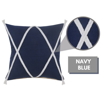 Coastal Geometric Braided and Tasseled Throw Pillow, Navy/White