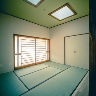Immagine di una piccola camera matrimoniale etnica con pavimento in tatami, nessun camino e pavimento verde