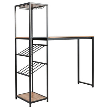 Jura Metal Bar & Wine Table w/2 Slanted Shelves for Bottles & Glass Storage, Light Brown Top/Black Frame