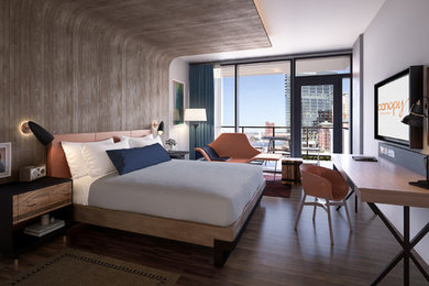 Bedroom - mid-sized contemporary guest brown floor and dark wood floor bedroom idea in San Diego with gray walls and no fireplace