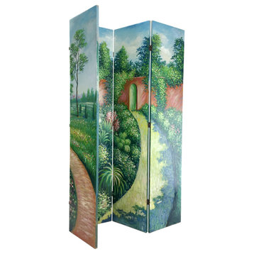 Unique Room Divider, 4 Panels & Different Garden Scene On Each Side, Multicolor