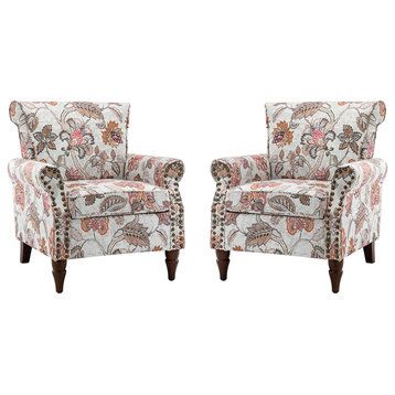 Wooden Upholstered Armchair Set of 2, Pink