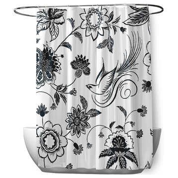 70"Wx73"L Traditional Bird Floral Shower Curtain, Black