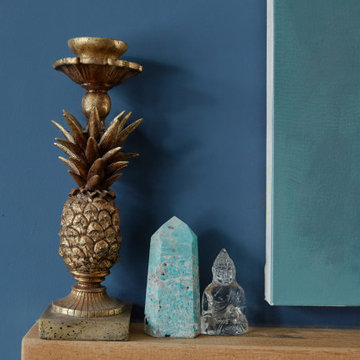 Blue colour drenched maximalist lounge