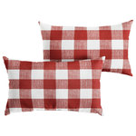 Mozaic Company - Red Buffalo Plaid Outdoor Pillow Set, 14x24 - Use this set of two oversized outdoor lumbar pillows as a way to enhance the decorative quality of any seating area. With a classic buffalo plaid pattern, these pillows add an eye-catching and elegant touch wherever they are used. The exteriors are UV and fade resistant to maintain the attractive look and feel through long-term outdoor use. The 100 percent recycled fiber fill ensures a soft and supportive experience to maximize comfort.