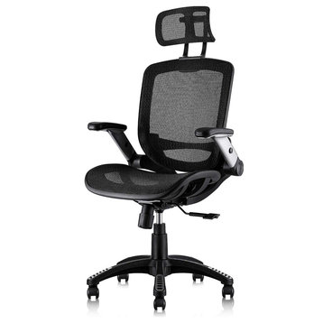 Ergonomic Office Chair, Mesh Seat With Flip Up Arms & Adjustable Headrest, Black