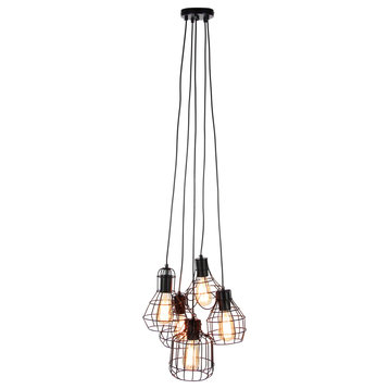 Industrial Five-Light Caged Iron Pendant With Bulbs