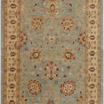 Bareens Designer Rugs - Classic Ziegler Lawana Blue Gold Hand-Knotted Wool Runner  - 4'1'' x 11'2'' - Enhance the ambiance of your home with this magnificent Persian-influenced Turkish hand-knotted rug made by skilled artisans capable of creating the most exceptional vegetable dyes and hand-spun wool. This exquisite handmade rug is a one-of-a-kind Kafkaz, otherwise identified as Chobi, Chobi Peshawar, Oushak, or Ziegler rug. These handmade rugs are crafted in Pakistan utilizing superior-quality wool imported from Australia, New Zealand, and Korea in two types of weaves: the Persian weave and the Mori weave. This rug is meticulously crafted by hand using the finest natural vegetable dyes extracted from local plants. The artisans use a blend of hand-spun local and fine merino wool, resulting in a rug with a compelling texture, higher lanolin content, and longer staple. The artisans occasionally incorporate natural or artificial silk into the pile to enhance specific motifs. The finished product is an awe-inspiring flawless design execution and an understated palette that exudes elegance. Contemporary rugs draw inspiration from antique Persian designs and feature modern motifs with vibrant color tones. Hand-knotted with all-natural dyes, resulting in a unique abrash effect and subtle color variations in the pile. rugs are known for their stunning and vibrant colors, achieved through a process inspired by antique methods. The rug's pile is meticulously trimmed to a moderate thickness and then stone-washed and sun-dried, resulting in a natural sheen and pleasing color tones. Transform the ambiance of your room into a luxurious haven with this gorgeous rug featuring a beautiful color palette. This stunning rug features an intricate oriental design that showcases royalty and seamlessly complements any decor. Its hand-knotted construction and natural fibers provide a soft and comfortable feel underfoot, making it the perfect addition to any room.