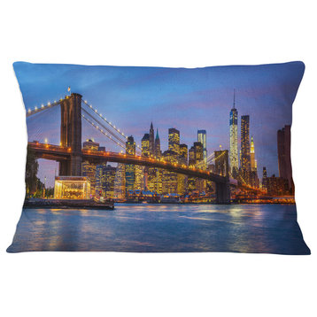 Brooklyn Bridge with Lights and Reflections Cityscape Throw Pillow, 12"x20"