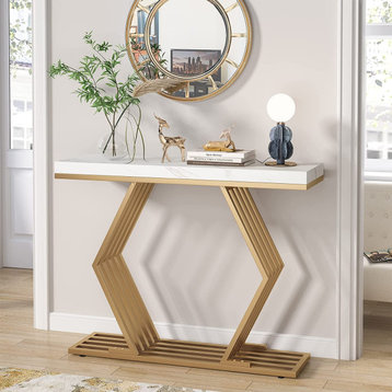 42 inches Modern Gold Console Table with Geometric Metal Base, White Faux Marble