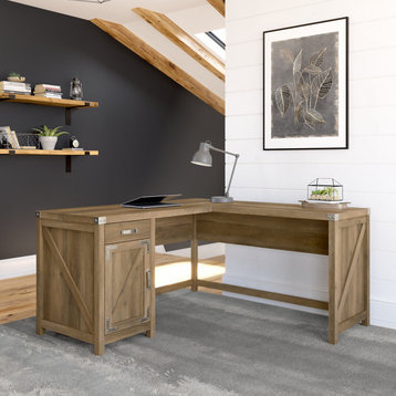 kathy ireland Cottage Grove 60" L Shaped Desk, Drawer & Cabinet, Reclaimed Pine
