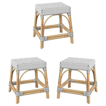Home Square 18" Rattan Rectangular Dining Stool in Gray & White - Set of 3