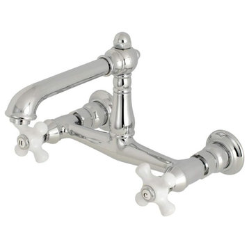 Bathroom Faucet, Wall Mount Design With Cross White Handles, Polished Chrome