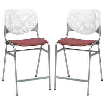 Home Square Plastic Counter Stool in White/Burgundy - Set of 2