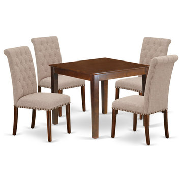 5Pc Dining Set, Square Table, Four Parson Chairs, Light Fawn Fabric, Mahogany