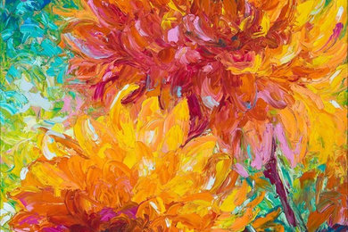 Passion, colorful palette knife painting of Dahlias