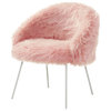 Connor Faux Fur Accent Chair, White Powder Coated Metal Leg, Rose