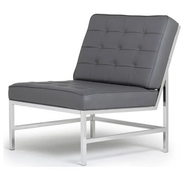 Modern Accent Chair, Chrome Legs & Deep Tufted Faux Leather Seat, Smoke