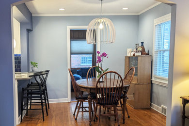 Inspiration for a small contemporary medium tone wood floor dining room remodel in Chicago with blue walls