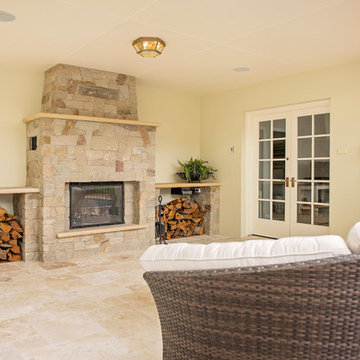 Sandstone Fireplace, Travertine Flooring