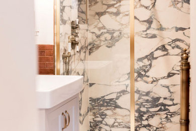 Small contemporary ensuite bathroom in London with porcelain flooring and a freestanding vanity unit.