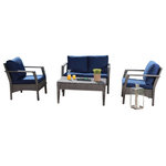 Abbyson - Venetian Outdoor Wicker 4 Piece Patio Seating Set - Gather your friends and seat them on this outdoor sofa set for a fun evening. This four-piece set provides plentiful seating space with its loveseat and two armchairs while the coffee table gives you a place to keep the snacks and drinks. Made from wicker, this navy colored set conveniently includes cushions for the seats.
