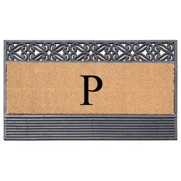 Rosewood Black/Beige 24"x36" Rubber And Coir Monogrammed Doormat, P