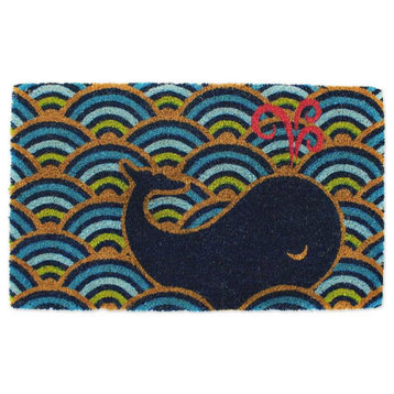 DII 30x18" Modern Coir Fabric Whale Design Doormat in Blue/Black