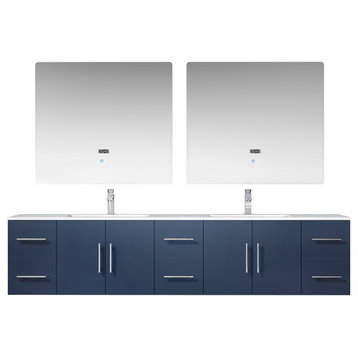 Geneva 84 Blue DB Vanity, Carrara Marble Top, Square Sinks, 36 LED Mirrors
