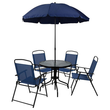 6 Pieces Patio Set, Round Glass Tabletop With Foldable Chairs & Umbrella, Navy