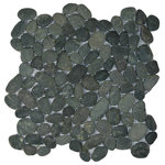 CNK Tile - Charcoal Black Pebble Tile - Each pebble is carefully selected and hand-sorted according to color, size and shape in order to ensure the highest quality pebble tile available. The stones are attached to a sturdy mesh backing using non-toxic, environmentally safe glue. Because of the unique pattern in which our tile is created they fit together seamlessly when installed so you can't tell where one tile ends and the next begins!